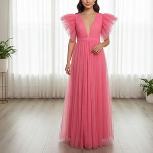 Women's Dressalisa Pink Tulle V-Neck Maxi Dress L slit flutter short sleeves
